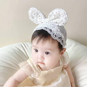 夏季新生婴儿护囟门胎帽薄款女宝宝护头发带公主蕾丝兔耳朵婴儿帽
