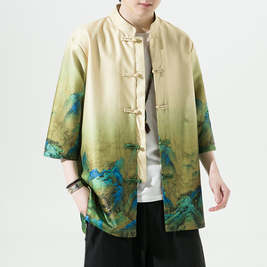 中国风男装千里江山图唐装短袖复古立领汉服中式夏季五分袖衬衫潮