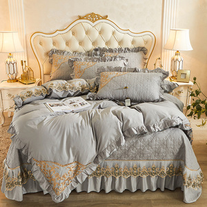 加厚纯棉床盖四件套夹棉全棉床单被套刺绣蕾丝欧式床品4件套1.8米