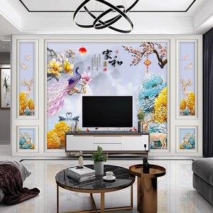 家和万事兴麋鹿电视背景墙壁纸客厅现代中式五宫格墙布新款3d壁画