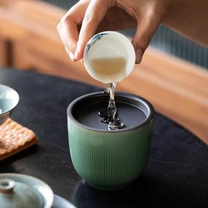 越窑青瓷手工竖纹建水茶渣斗家用陶瓷茶洗水孟缸小号功夫茶具杯洗