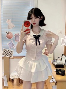韩系jk制服学院风套装女夏季气质可爱甜美粉色衬衫蛋糕短裙两件套