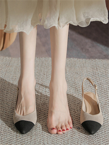 包头凉鞋日本王妃鞋女2024尖头透气仙女风飞织鞋中跟软底后空单鞋