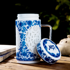 景德镇陶瓷保温杯带盖青花瓷便携大容量办公泡茶杯男女加厚礼品杯