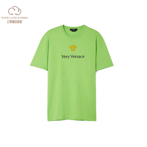 Versace/范思哲男装休闲清新品牌名称美杜莎标志绿色棉质短袖T恤