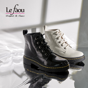 Lefaou乐芙女鞋黑色白色青年冬季秋季圆头平跟橡胶新款马丁靴