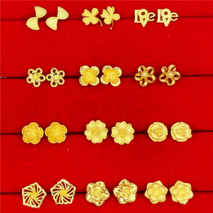 越南沙金耳钉女百搭铜镀金仿金假黄金花朵气质耳环仿过敏久不掉色