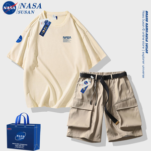 NASA夏季男士短袖t恤美式情侣免搭工装套装潮牌一套搭配帅气衣服