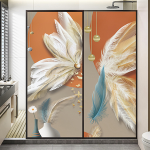 浴室磨砂玻璃贴纸透光不透明静电简约现代羽毛卫生间移门防水贴膜