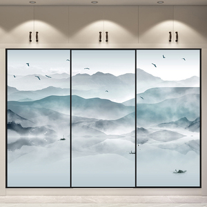 衣柜推拉门玻璃贴纸创意古典新中式山水画磨砂全遮光卧室窗户贴膜