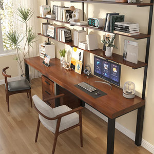 整墙双人书桌书架一体书柜组合办公学习铁艺实木电脑桌长条窄卧室