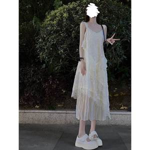 ekool衣库定制蕾丝花边拼接白色吊带连衣裙女夏设计感中长款裙子