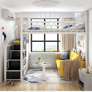 楼阁床床现代简约小户型铁艺高低床多功能省空间高架床单上层铁床