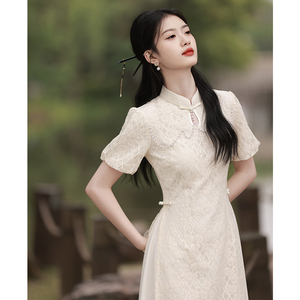【半湖明月】白色改良旗袍裙夏季新款年轻款甜美设计感蕾丝中长裙