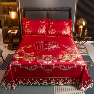 中国风夏季喜庆1.8米床凉席三件套宿舍夏天凉感床单双人被单1.8红