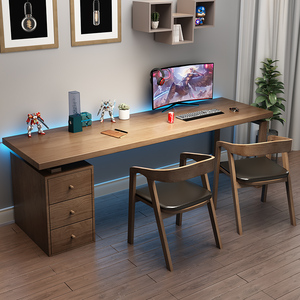 双人实木电脑桌家用书桌书柜组合学习工作一体办公桌长桌子写字桌