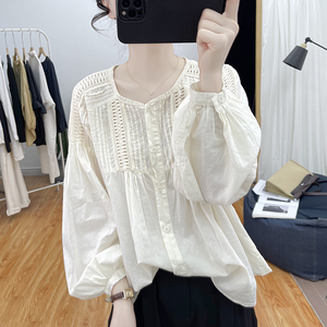 【重工】韩国纯棉灯笼袖设计感长袖衬衫女2024春镂空上衣褶皱衬衣