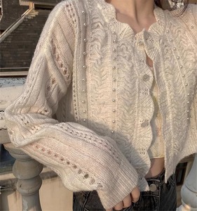 韩系早春秋珍珠镂空马海毛针织开衫薄款毛衣女外套短款上衣设计感