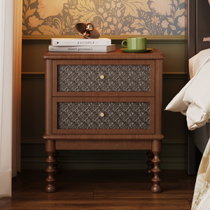 法式复古床头柜实木小型收纳柜胡桃色中古储物矮柜家用卧室床边柜