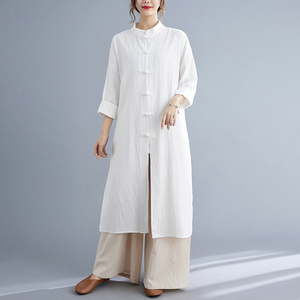 中国风长袍立领盘扣上衣女夏季款中式唐装白色禅修中长款汉服长衫