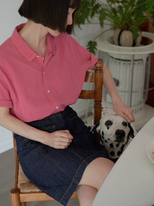 复古法式粉色微皱短袖衬衫女夏季设计感小众港风上衣polp领衫衬衣