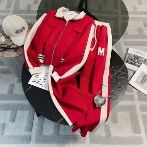 红色休闲运动套装女春秋宽松慵懒风卫衣卫裤加绒加厚时尚两件套
