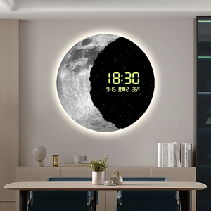 月球装饰画创意LED时钟壁灯圆形客厅玄关数显屏电子钟表餐厅挂画