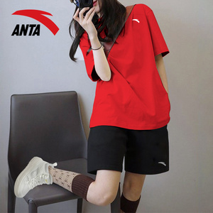 安踏红色运动套装女夏季宽松透气运动服冰丝速干薄款跑步短袖短裤