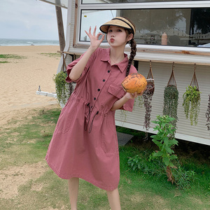 酒红色衬衫式连衣裙女夏季2024新款韩版宽松小个子设计感显瘦裙子