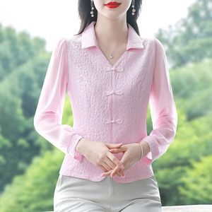 粉红色衬衫女款春夏新中式V领提花短款上衣国风盘扣拼接长袖衬衣
