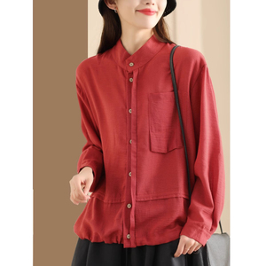 红色棉麻衬衫女春装新款复古抽绳宽松长袖上衣大码女装立领衬衣