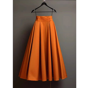 2024新款夏季高腰直筒法式百褶气质长裙显瘦橘色a字半身裙子女装