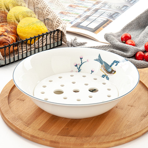 金岚玉唐山骨瓷9英寸双层沥水碗饺子碗家用创意陶瓷圆形双层水碗
