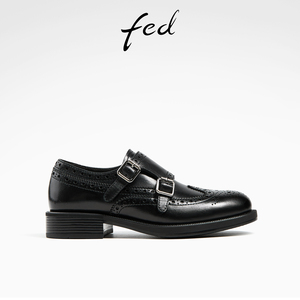 fed布洛克鞋春季新款女鞋黑色小皮鞋粗跟单鞋牛津鞋女D0411-ZC355