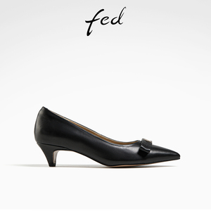 fed黑色真皮鞋春季新款女鞋职业通勤鞋尖头中跟单鞋女D0320-ZF108