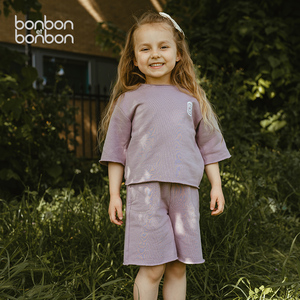 bonbon et bonbon 香芋紫卷边设计中袖植绒卫衣套装女童夏季休闲