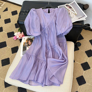 高级感紫色裙子大码法式连衣裙夏季胖mm女装2024新款小个子公主裙