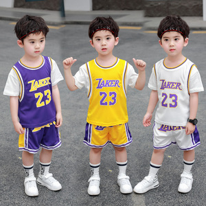 儿童篮球服套装假两件詹姆斯23号湖人速干透气幼儿园表演短袖球衣