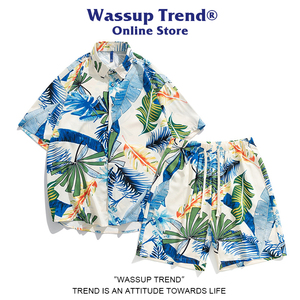 WASSUP夏威夷风冰丝短袖套装男女夏季海边旅游沙滩衬衫短裤一套穿