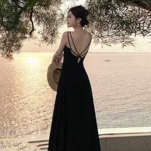 Ethmmia2024夏季新款三亚旅游渡假风海边黑色沙滩裙露背吊带长裙