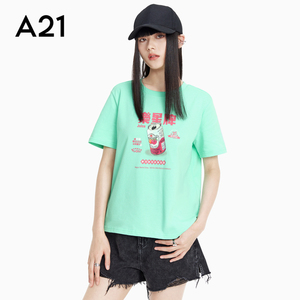 A21女装时尚印花圆领短袖2023夏季新款宽松显瘦上衣休闲简约t恤