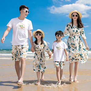 海边度假亲子装夏装一家三口四口沙滩装三亚母女装高端洋气连衣裙