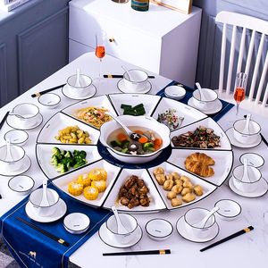 新款过年圆桌扇形盘子菜盘家用网红陶瓷团圆拼盘餐具组合碗碟套装