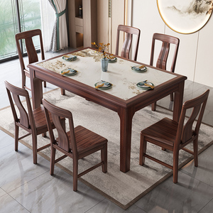 新中式岩板乌金木餐桌组合简约实木长方形饭桌家用客厅六人餐桌椅
