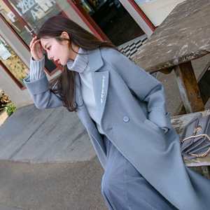 毛呢外套女秋冬韩版学生中长款时尚显瘦雾霾蓝色宽松呢子大衣设计