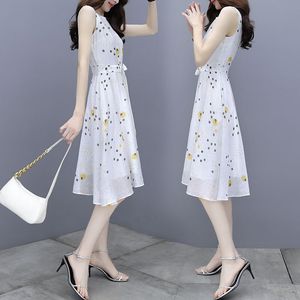 高级感白色雪纺连衣裙女夏装2024年新款显瘦气质印花无袖仙女裙子