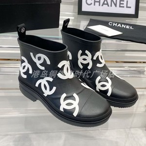 2023正品Chanel/香奈儿短款雨靴短筒黑白圆头双C大logo防水女鞋
