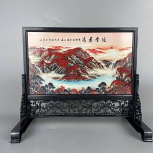 中国风特色漆器工艺品瓷板画插屏中式桌面小屏风仿古装饰摆件桌屏