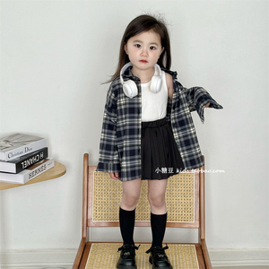 儿童黑色格子衬衣外套2024春季新款韩版男童女童宽松棉质长袖衬衣