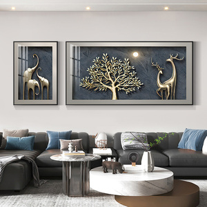 现代轻奢客厅装饰画发财树高档大气麋鹿沙发背景墙二联挂画北欧画